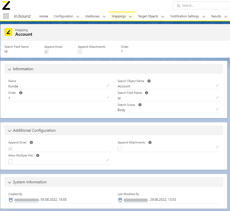 in.bounz I Mapping eines Accounts
