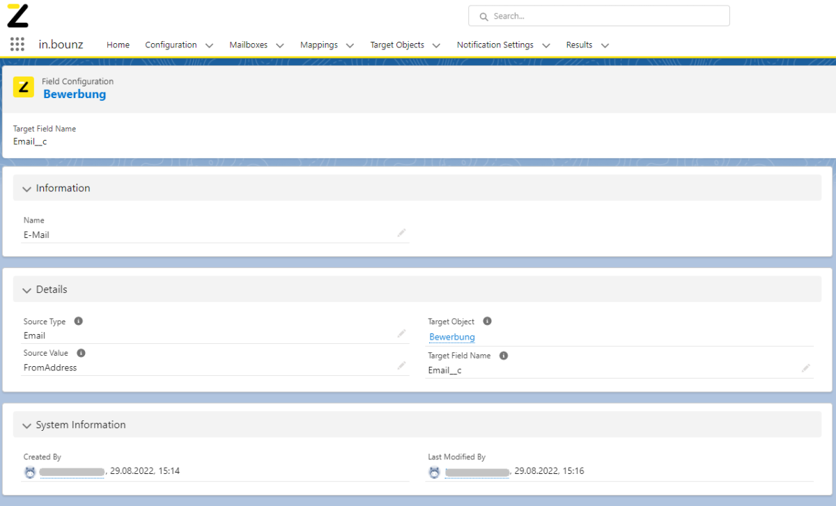 in.bounz I Exemplarische Konfiguration eines „Field Configuration“-Datensatzes
